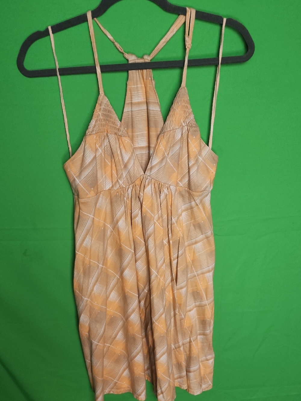 Hurley Plaid Tank Dress Smocked Bodice Multi-Color Orange Yellow Medium